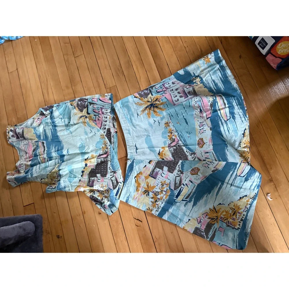 Boden Women Tropical Coastal Print Cotton 2 Piece Set Top Skirt Blue US 18